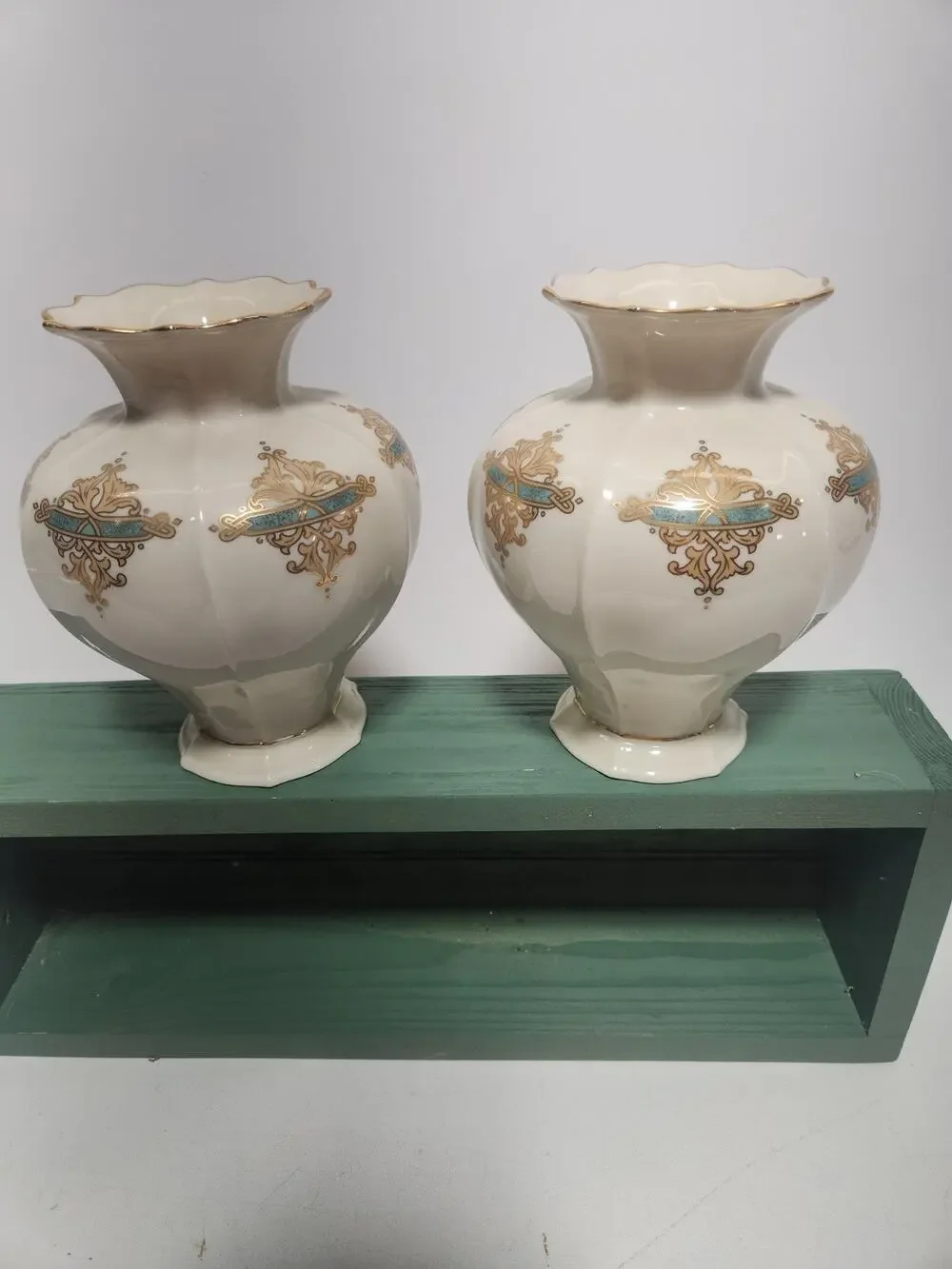 2 Lenox 7 1/2” Catalan Vases 24K Gold Trim, 6 panels w/Gold & Turquoise Design